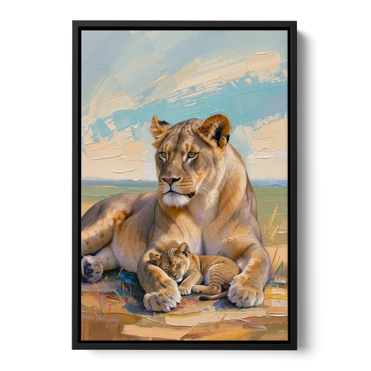 Lioness Guarding Her Sleeping Cub - Black Framed Canvas Wall Art - Front