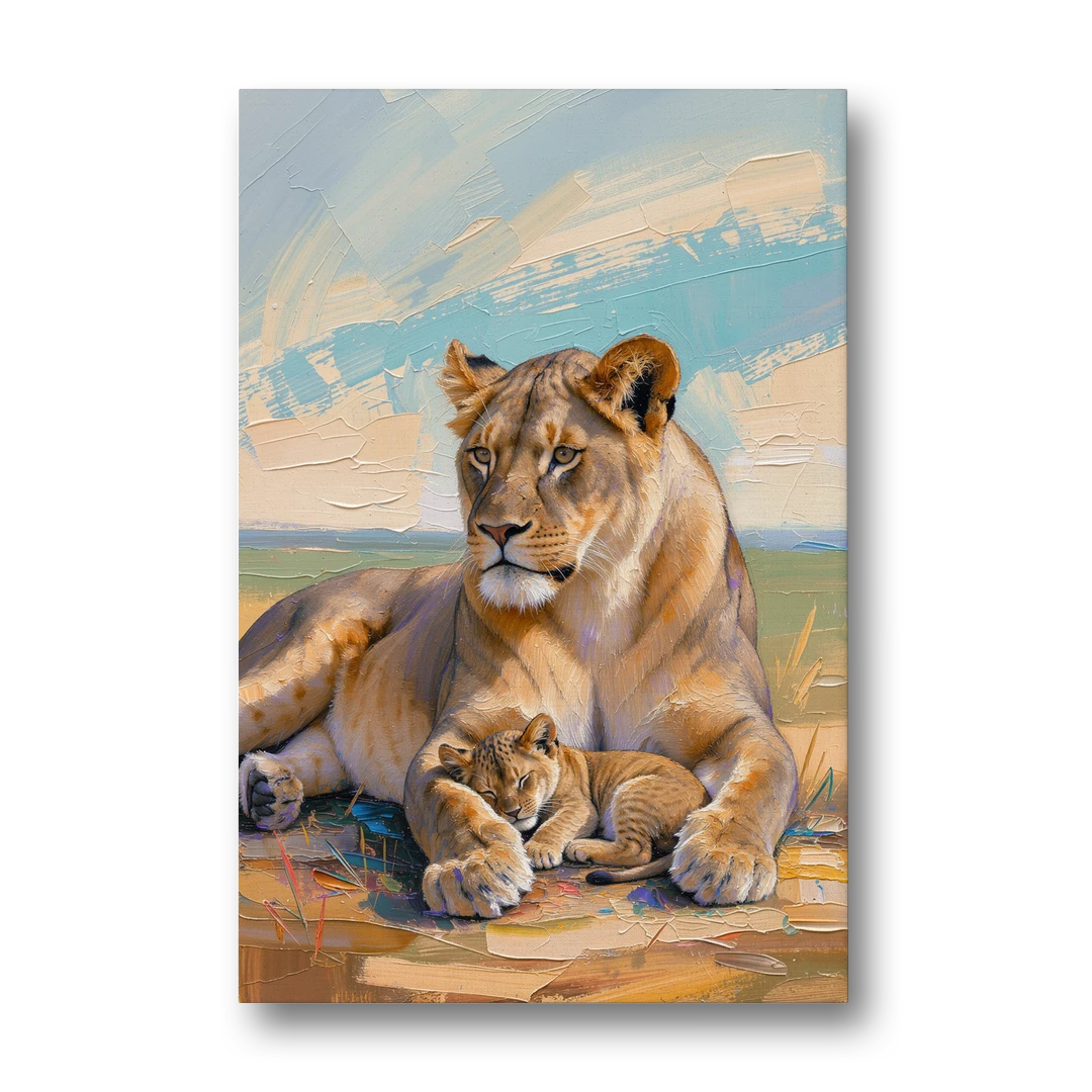 Lioness Guarding Her Sleeping Cub - Canvas Wall Art - Front