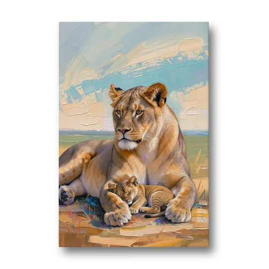 Lioness Guarding Her Sleeping Cub - Canvas Wall Art - Front