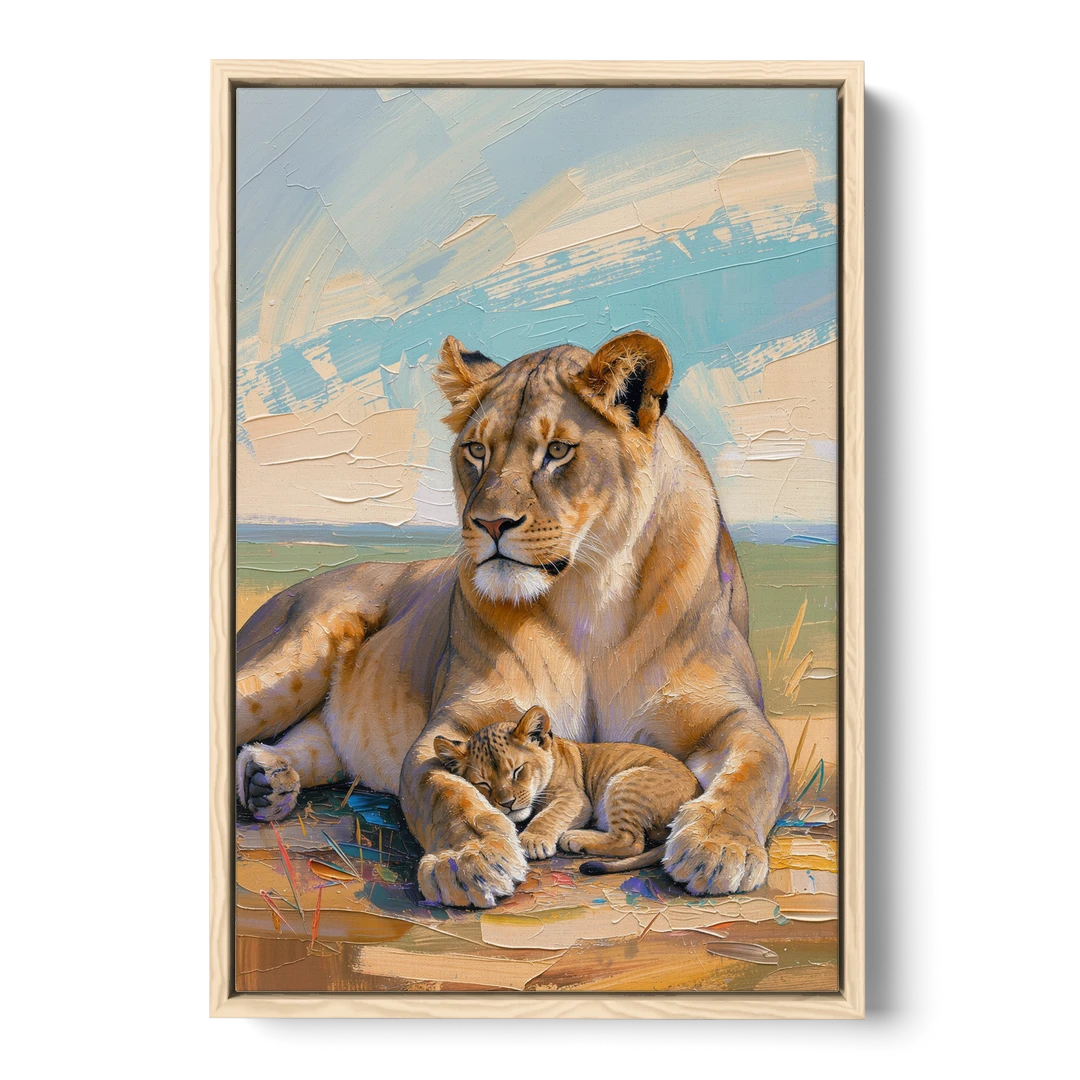 Lioness Guarding Her Sleeping Cub - Oak Framed Canvas Wall Art - Front