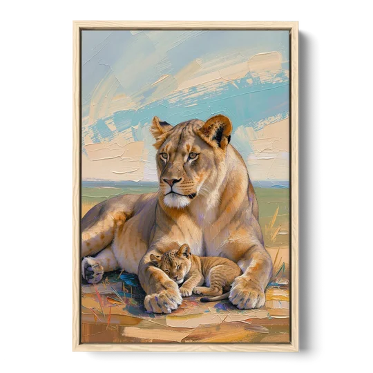 Lioness Guarding Her Sleeping Cub - Oak Framed Canvas Wall Art - Front