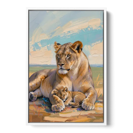 Lioness Guarding Her Sleeping Cub - White Framed Canvas Wall Art - Front