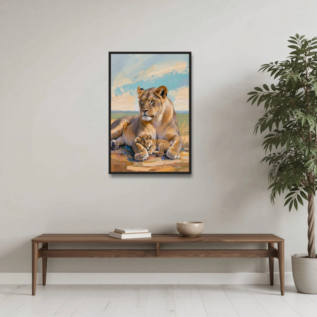 Lioness Guarding Her Sleeping Cub - Black Framed Canvas Wall Art - Coffee Table - 24x36