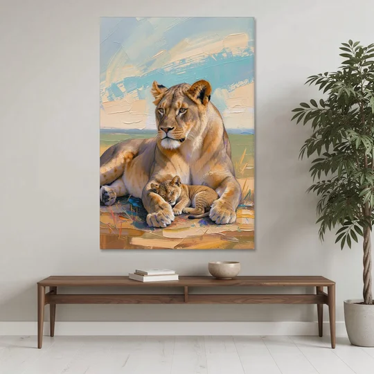 Lioness Guarding Her Sleeping Cub - Canvas Wall Art - Coffee Table - 40x60