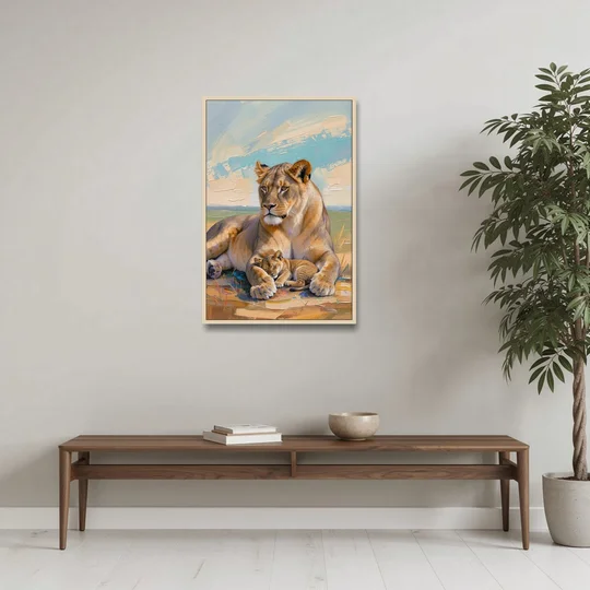 Lioness Guarding Her Sleeping Cub - Oak Framed Canvas Wall Art - Coffee Table - 24x36