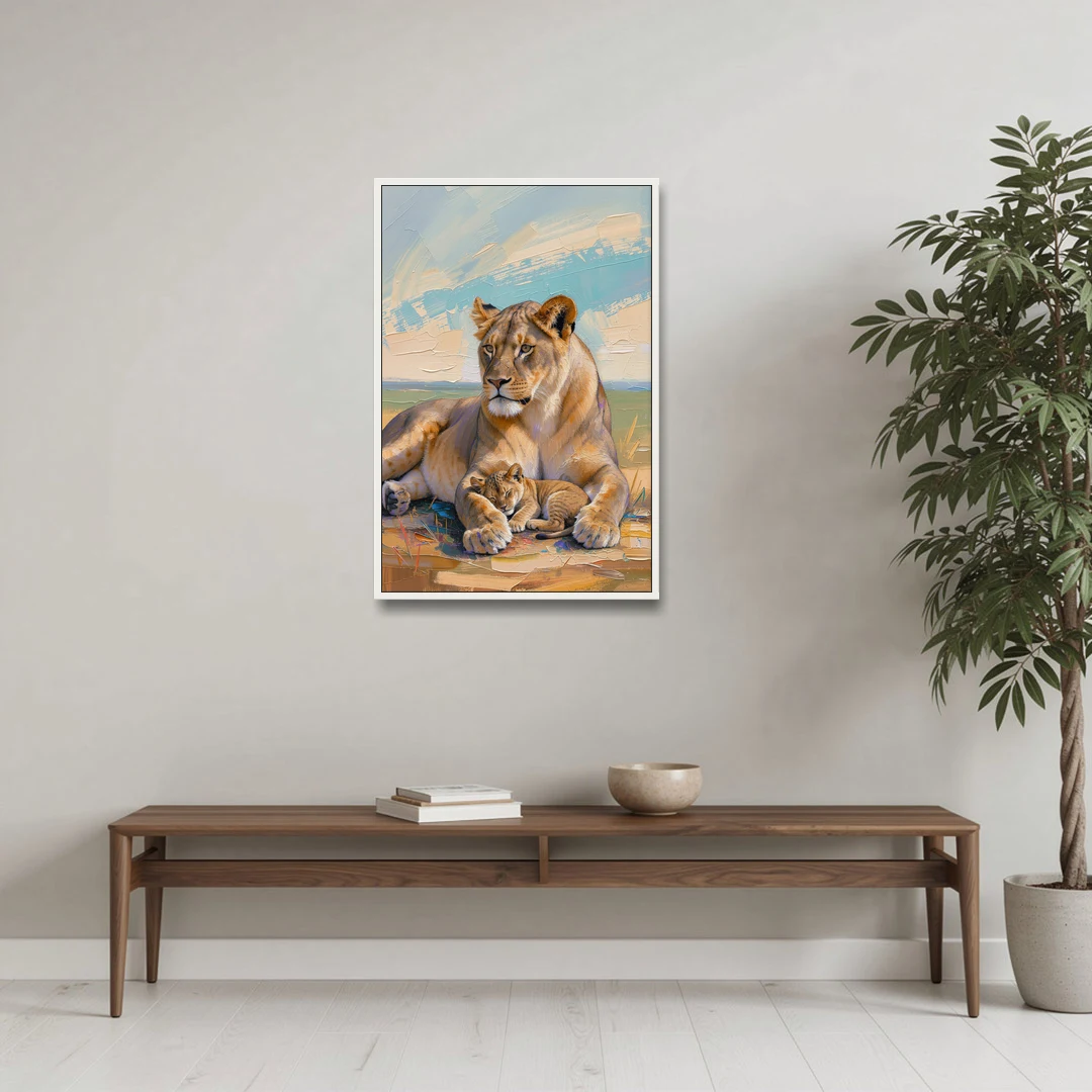 Lioness Guarding Her Sleeping Cub - White Framed Canvas Wall Art - Coffee Table - 24x36