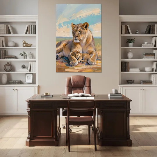 Lioness Guarding Her Sleeping Cub - Canvas Wall Art - Office - 40x60