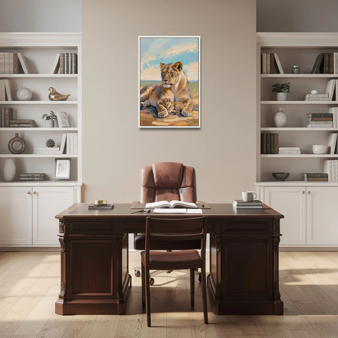 Lioness Guarding Her Sleeping Cub - White Framed Canvas Wall Art - Office - 24x36