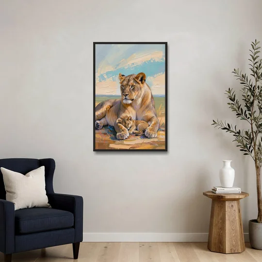 Lioness Guarding Her Sleeping Cub - Black Framed Canvas Wall Art - Sofa - 24x36
