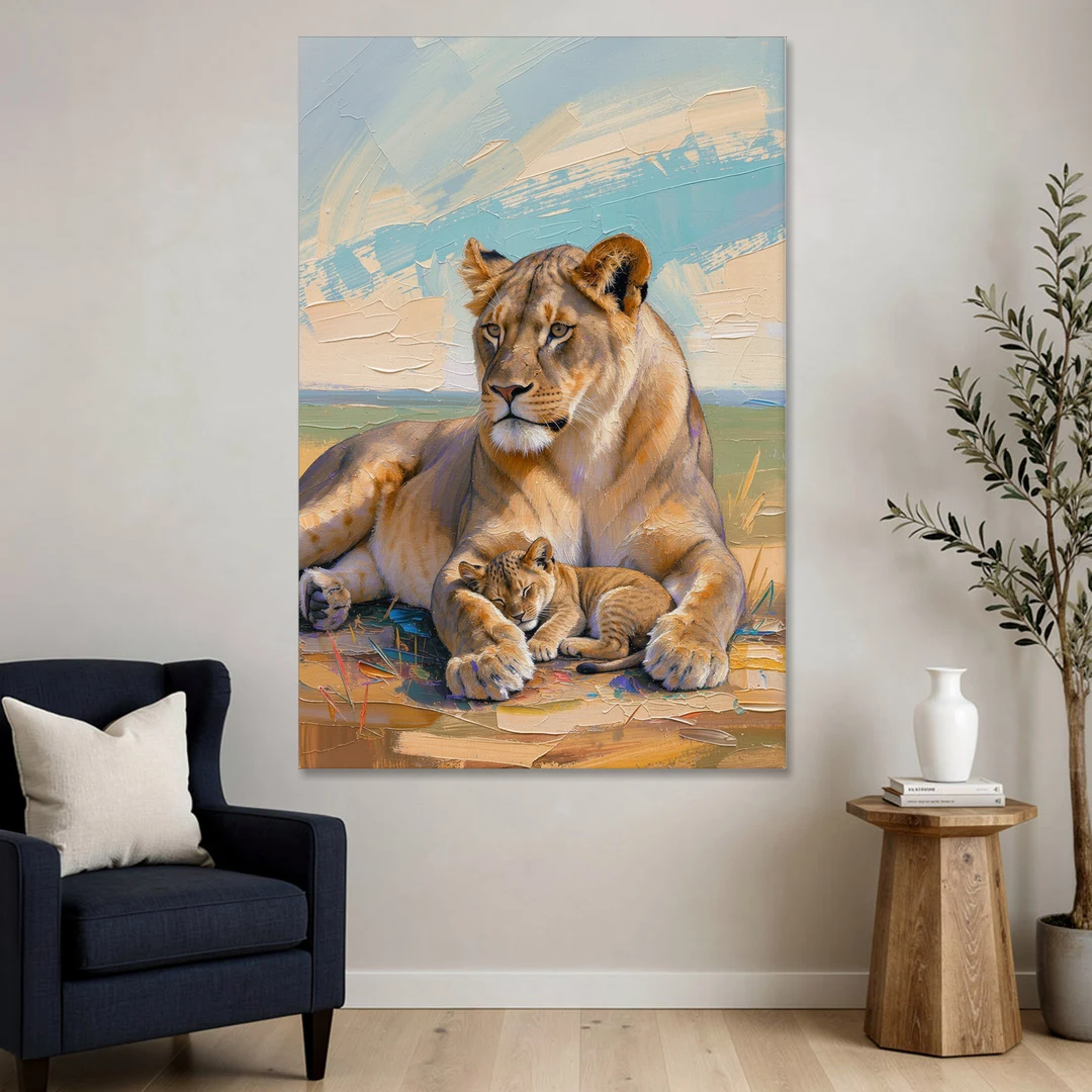 Lioness Guarding Her Sleeping Cub - Canvas Wall Art - Sofa - 40x60