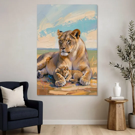 Lioness Guarding Her Sleeping Cub - Canvas Wall Art - Sofa - 40x60