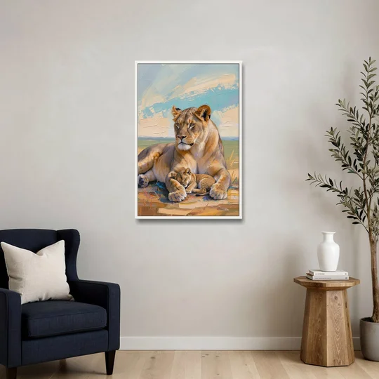 Lioness Guarding Her Sleeping Cub - White Framed Canvas Wall Art - Sofa - 24x36