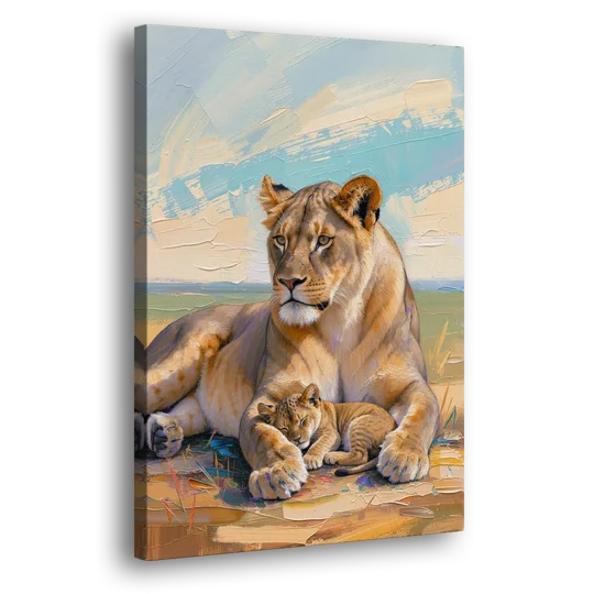 Lioness Guarding Her Sleeping Cub - Canvas Wall Art - Side
