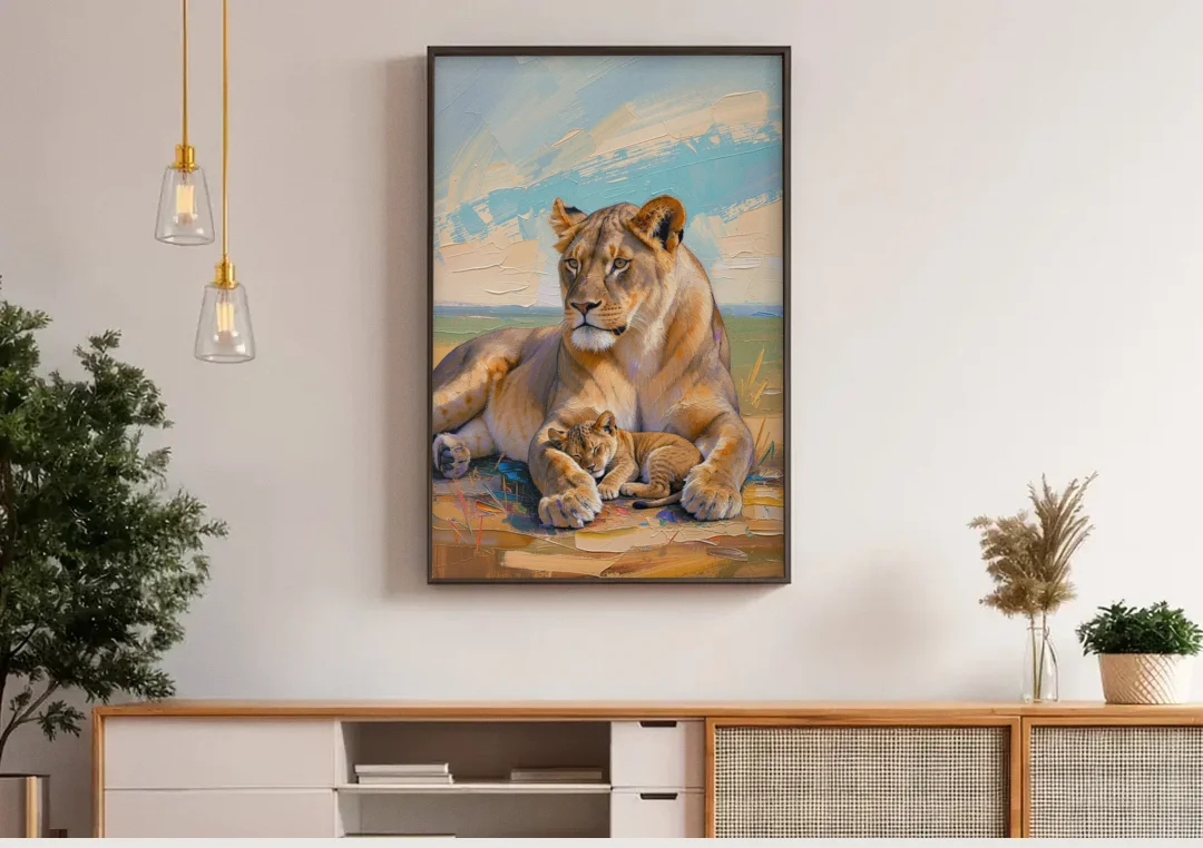Lioness Guarding Her Sleeping Cub canvas wall art above a wooden sideboard under pendant lights