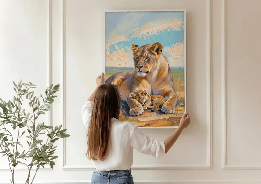 Lioness Guarding Her Sleeping Cub canvas wall art being hung on a paneled wall