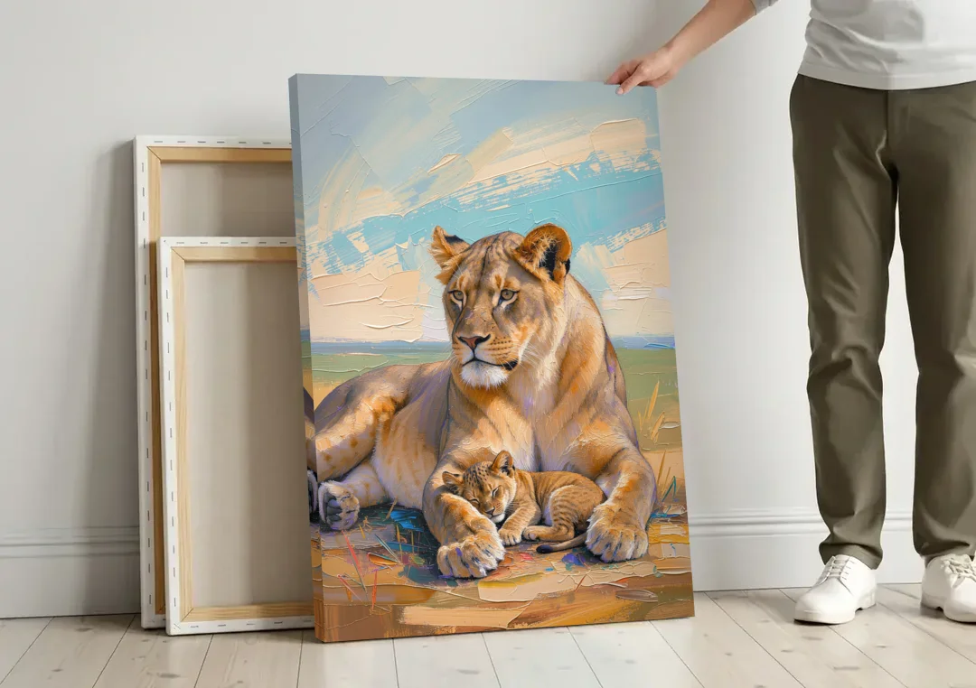 Lioness Guarding Her Sleeping Cub canvas wall art leaning against a wall next to blank canvases