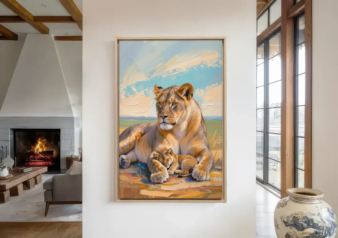 Lioness Guarding Her Sleeping Cub canvas wall art in a living room with a fireplace