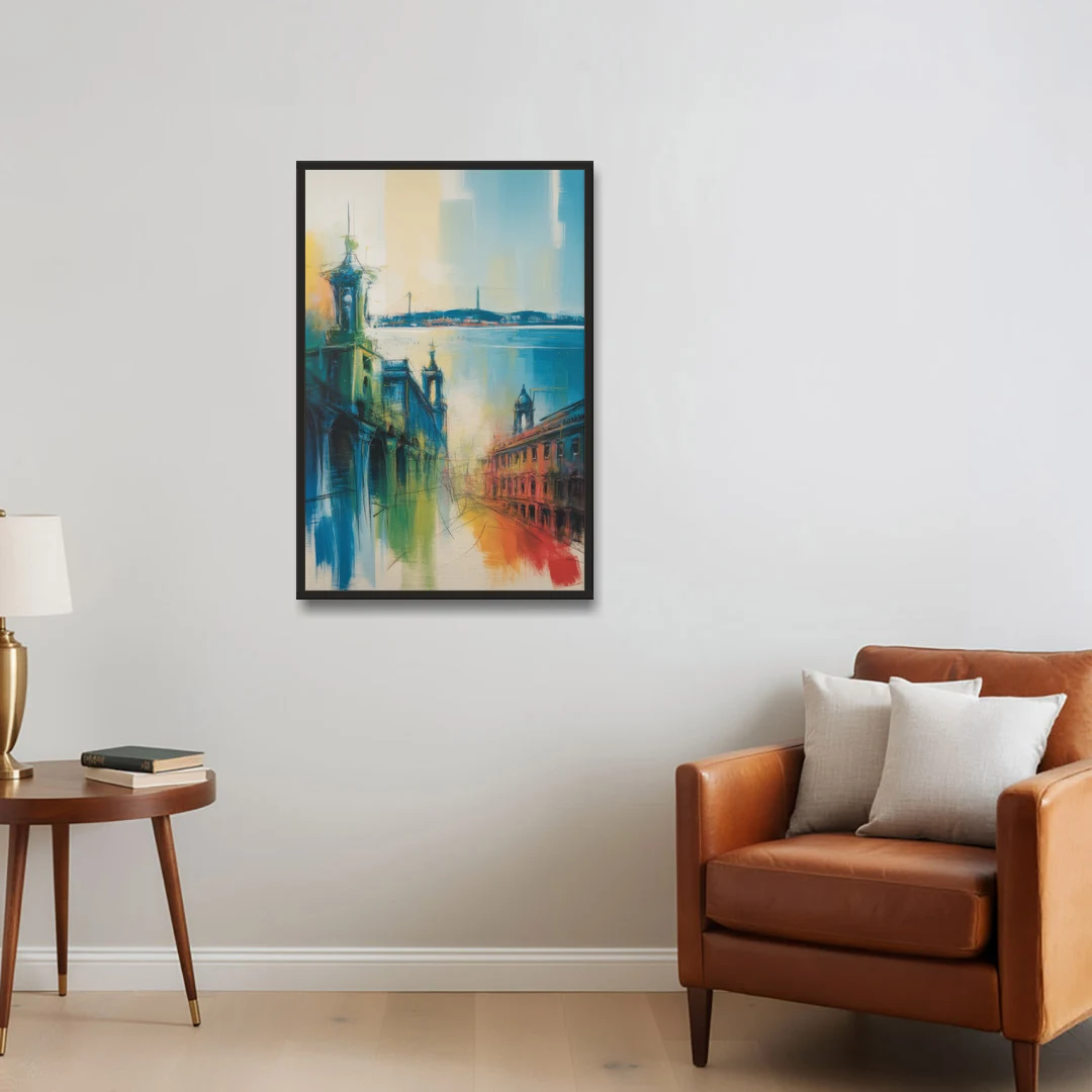 Lisbon Skyline - Black Framed Canvas Wall Art - Sofa - 24x36