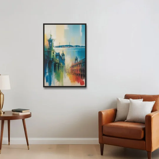 Lisbon Skyline - Black Framed Canvas Wall Art - Sofa - 24x36