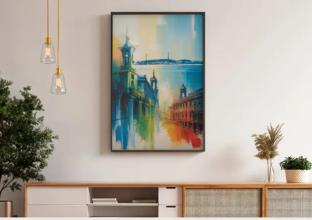Lisbon Skyline canvas wall art above a wooden sideboard under pendant lights