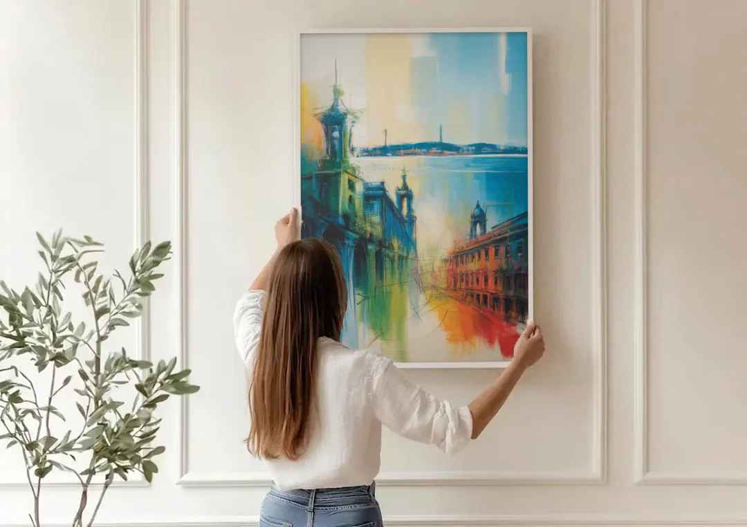 Lisbon Skyline canvas wall art being hung on a paneled wall