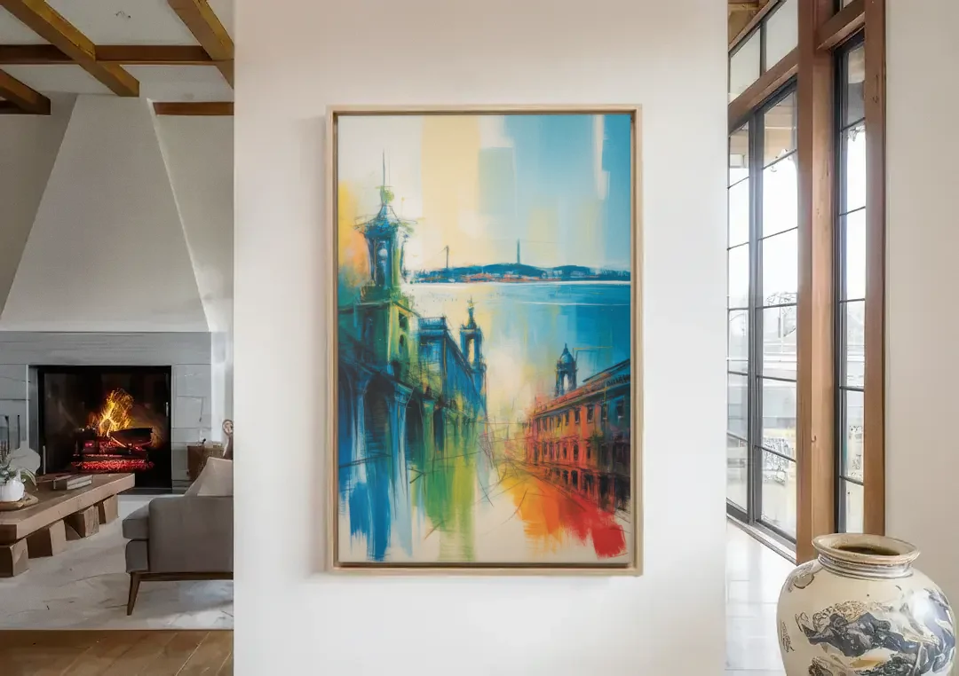 Lisbon Skyline canvas wall art in a living room with a fireplace