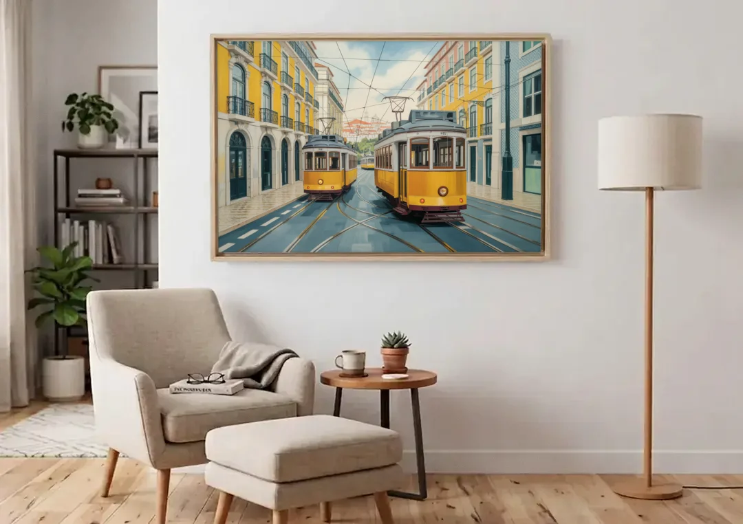 Lisbon Tiles canvas wall art above an armchair in a bright living room
