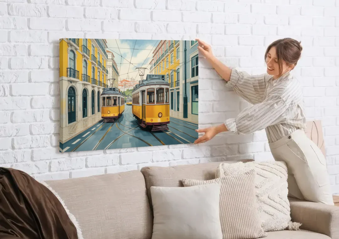 Lisbon Tiles canvas wall art being hung on a white brick wall above a sofa