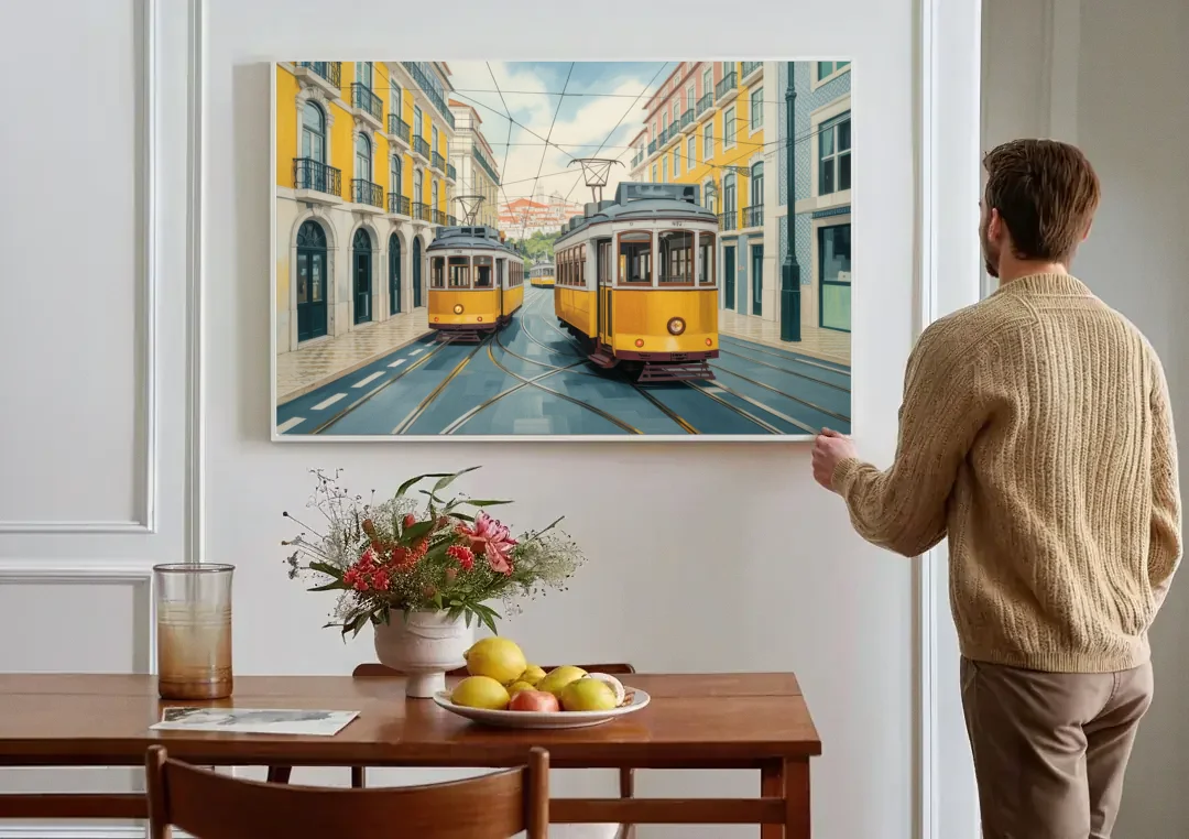 Lisbon Tiles canvas wall art above a dining table