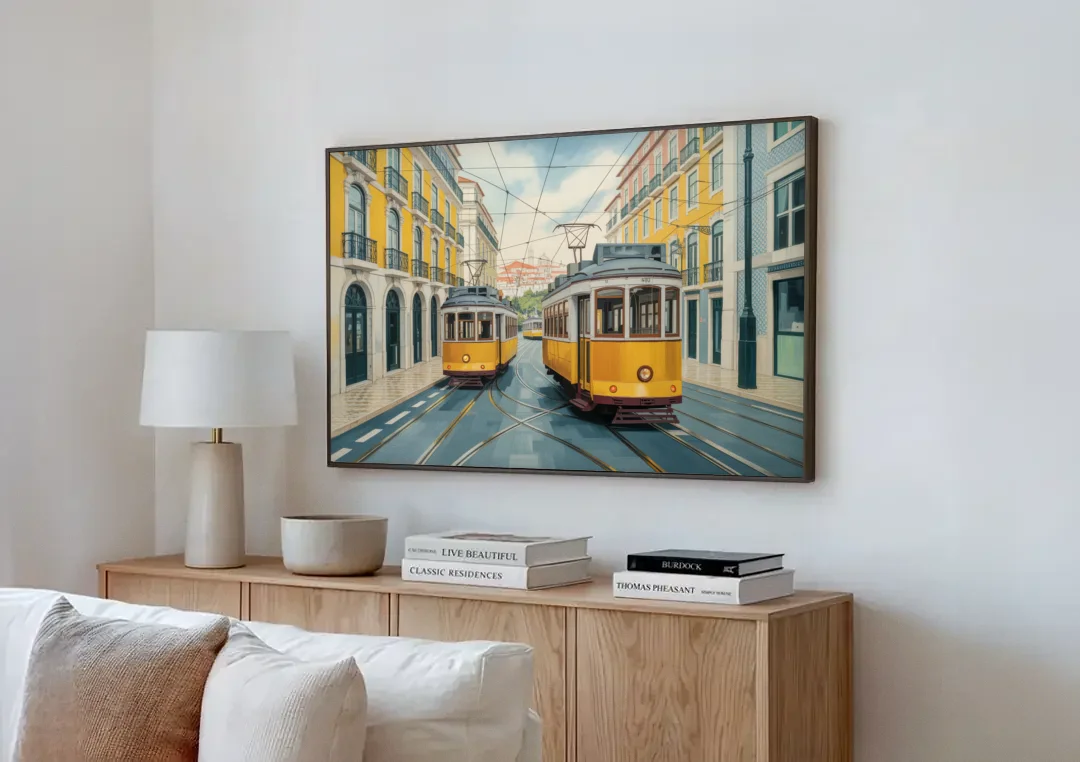 Lisbon Tiles canvas wall art above a wooden sideboard next to a sofa