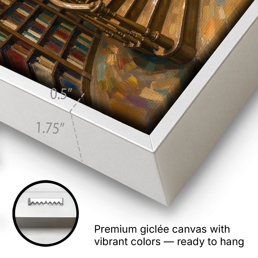 Literary Wall Art Spiral Staircase in the Library - White Framed Canvas Wall Art - Gallery Wrap Corner