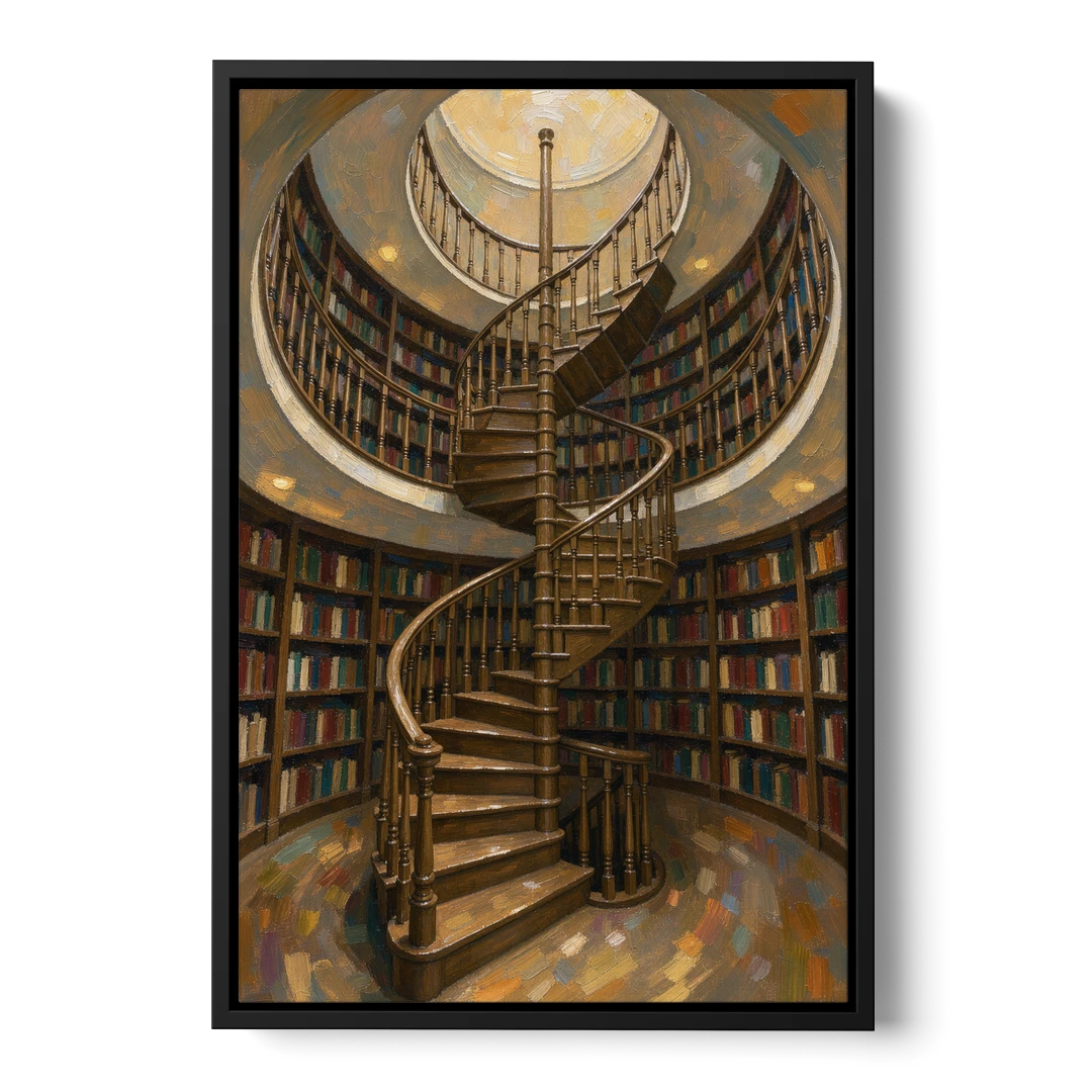 Literary Wall Art Spiral Staircase in the Library - Black Framed Canvas Wall Art - Front