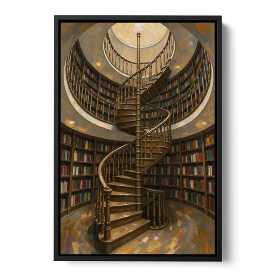 Literary Wall Art Spiral Staircase in the Library - Black Framed Canvas Wall Art - Front