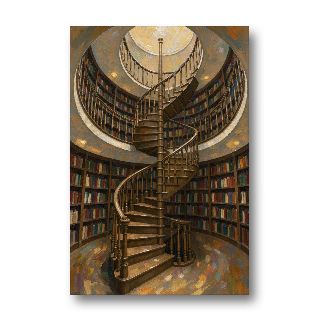Literary Wall Art Spiral Staircase in the Library - Canvas Wall Art - Front