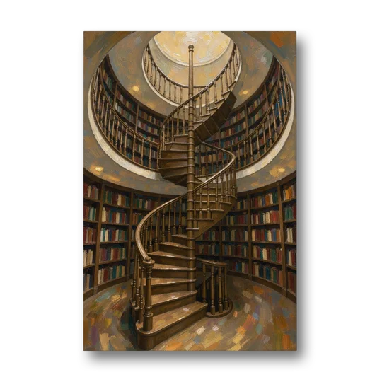 Literary Wall Art Spiral Staircase in the Library - Canvas Wall Art - Front