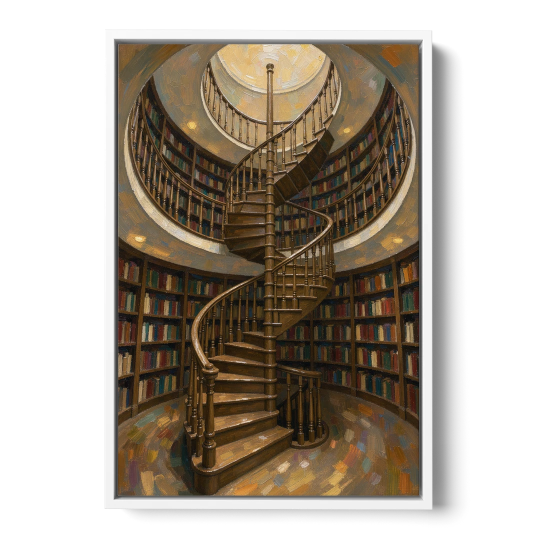 Literary Wall Art Spiral Staircase in the Library - White Framed Canvas Wall Art - Front