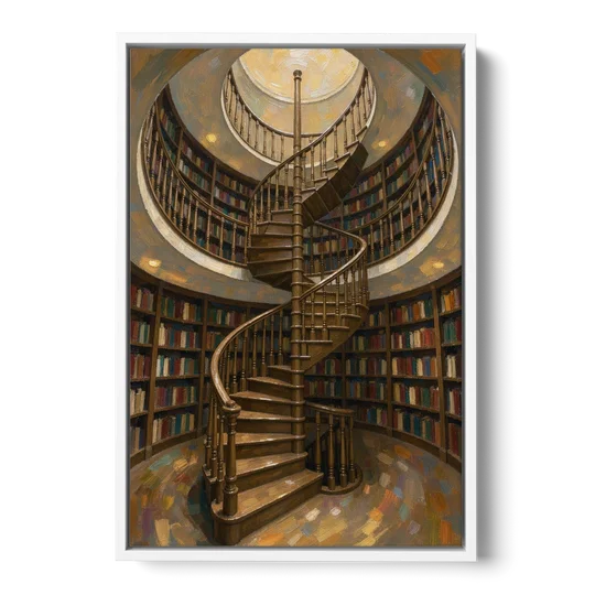 Literary Wall Art Spiral Staircase in the Library - White Framed Canvas Wall Art - Front
