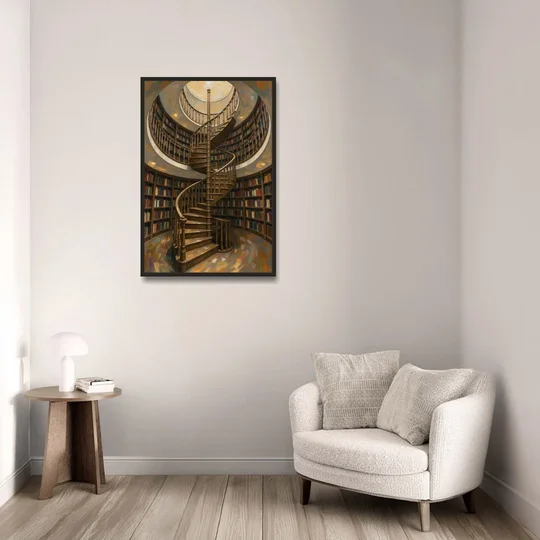 Literary Wall Art Spiral Staircase in the Library - Black Framed Canvas Wall Art - Sofa - 24x36