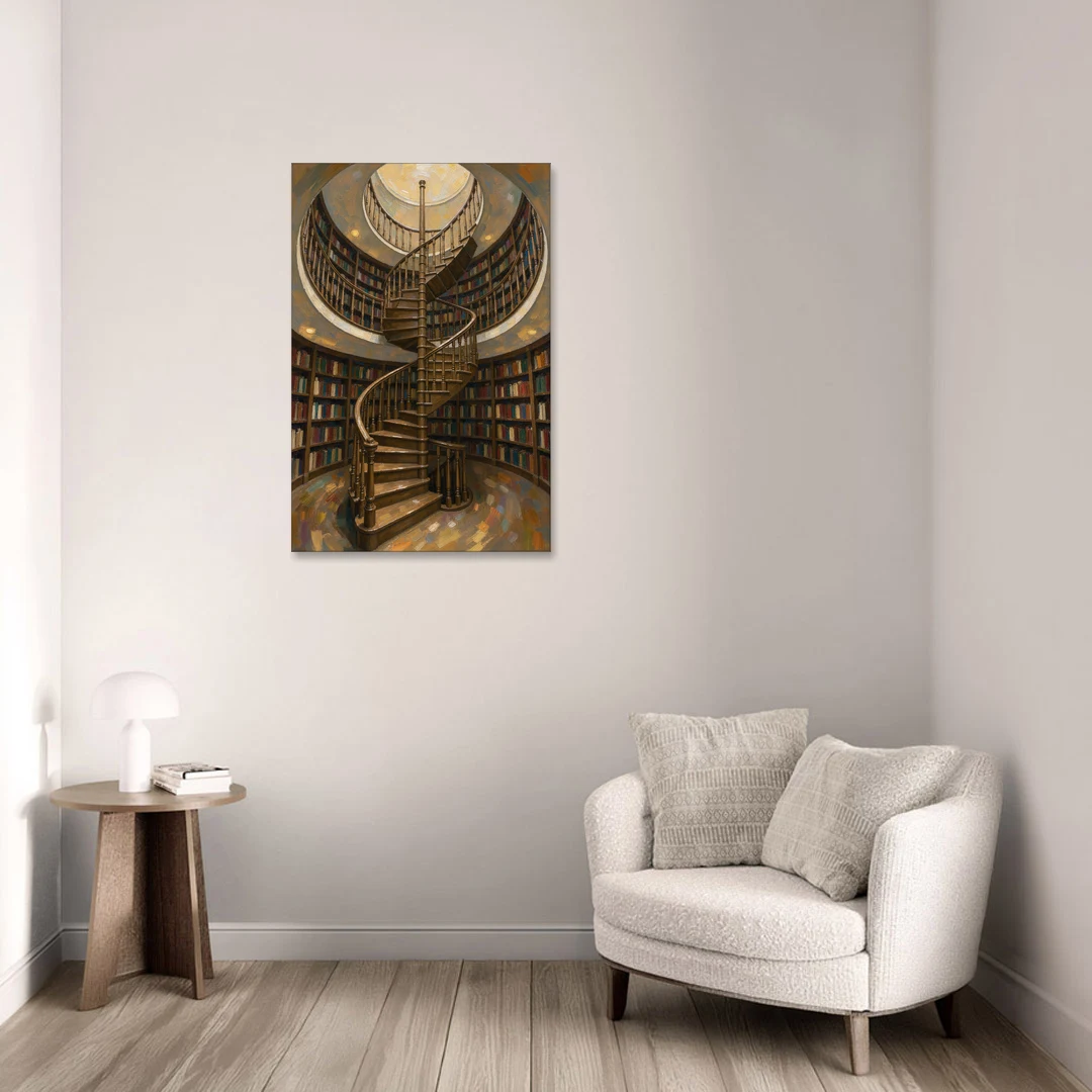 Literary Wall Art Spiral Staircase in the Library - Canvas Wall Art - Sofa - 24x36