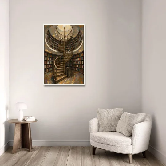 Literary Wall Art Spiral Staircase in the Library - White Framed Canvas Wall Art - Sofa - 24x36