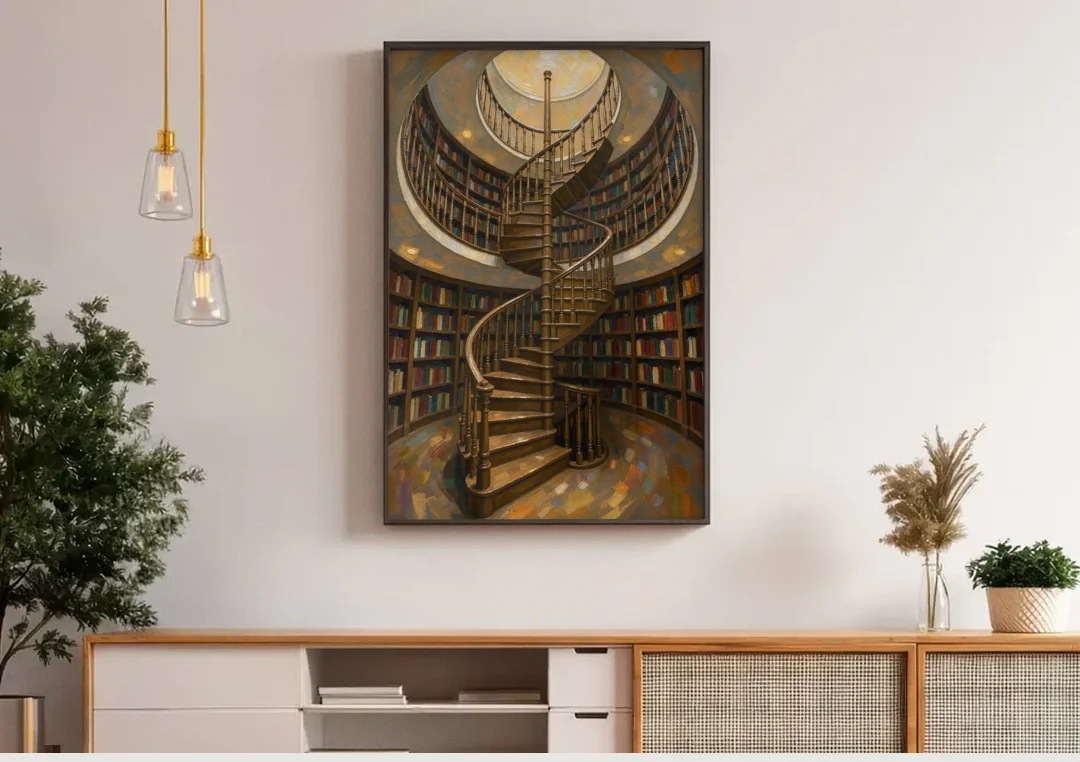 Literary Wall Art Spiral Staircase in the Library canvas wall art above a wooden sideboard under pendant lights