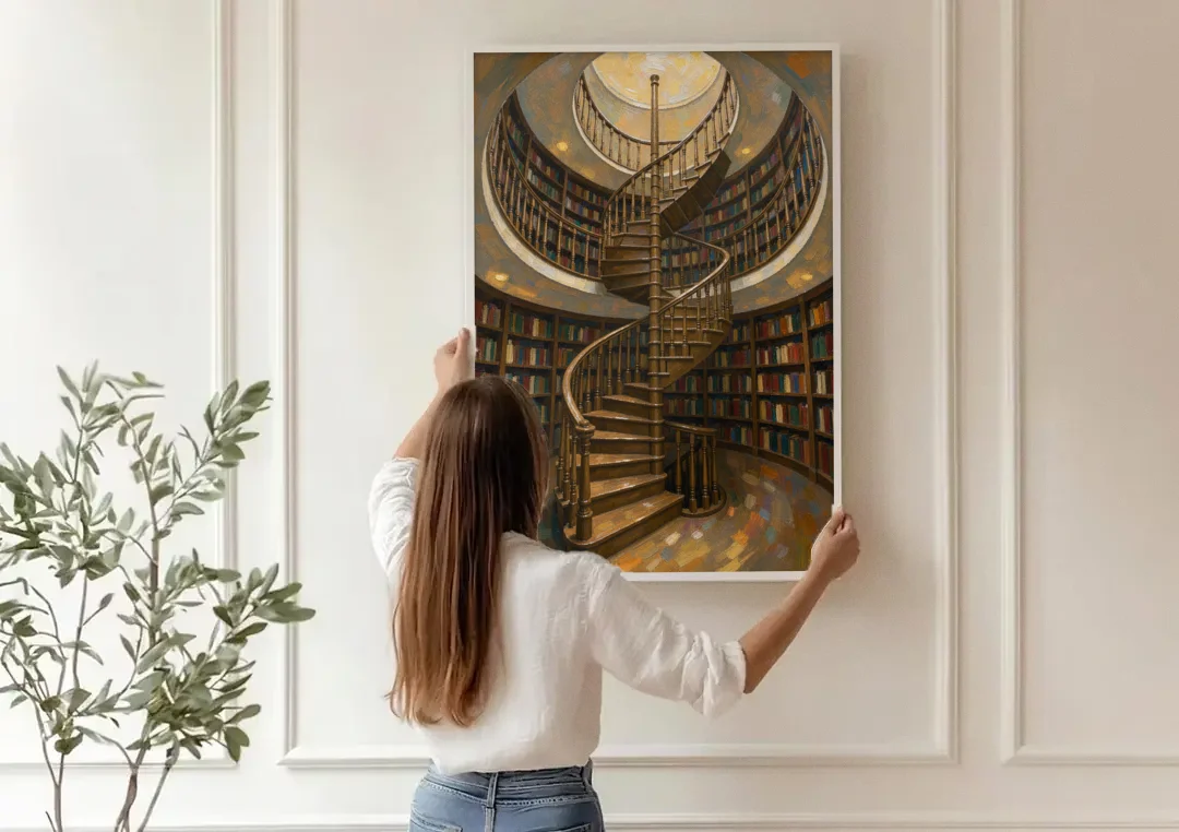 Literary Wall Art Spiral Staircase in the Library canvas wall art being hung on a paneled wall