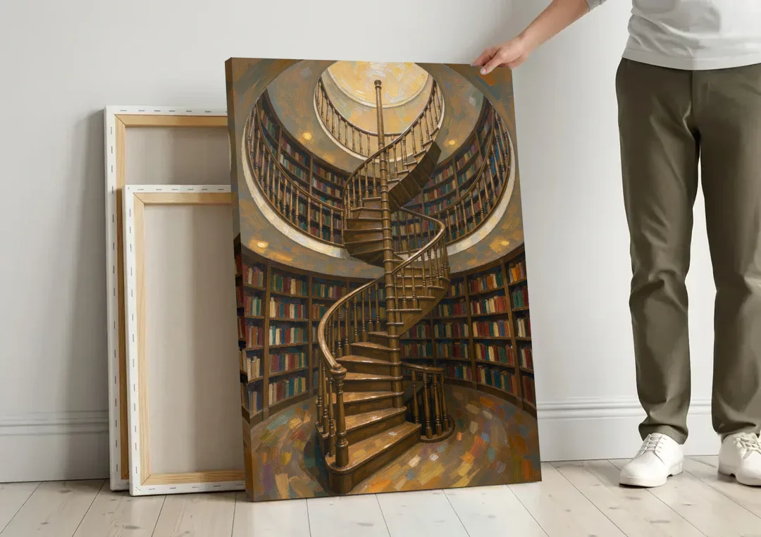 Literary Wall Art Spiral Staircase in the Library canvas wall art leaning against a wall next to blank canvases
