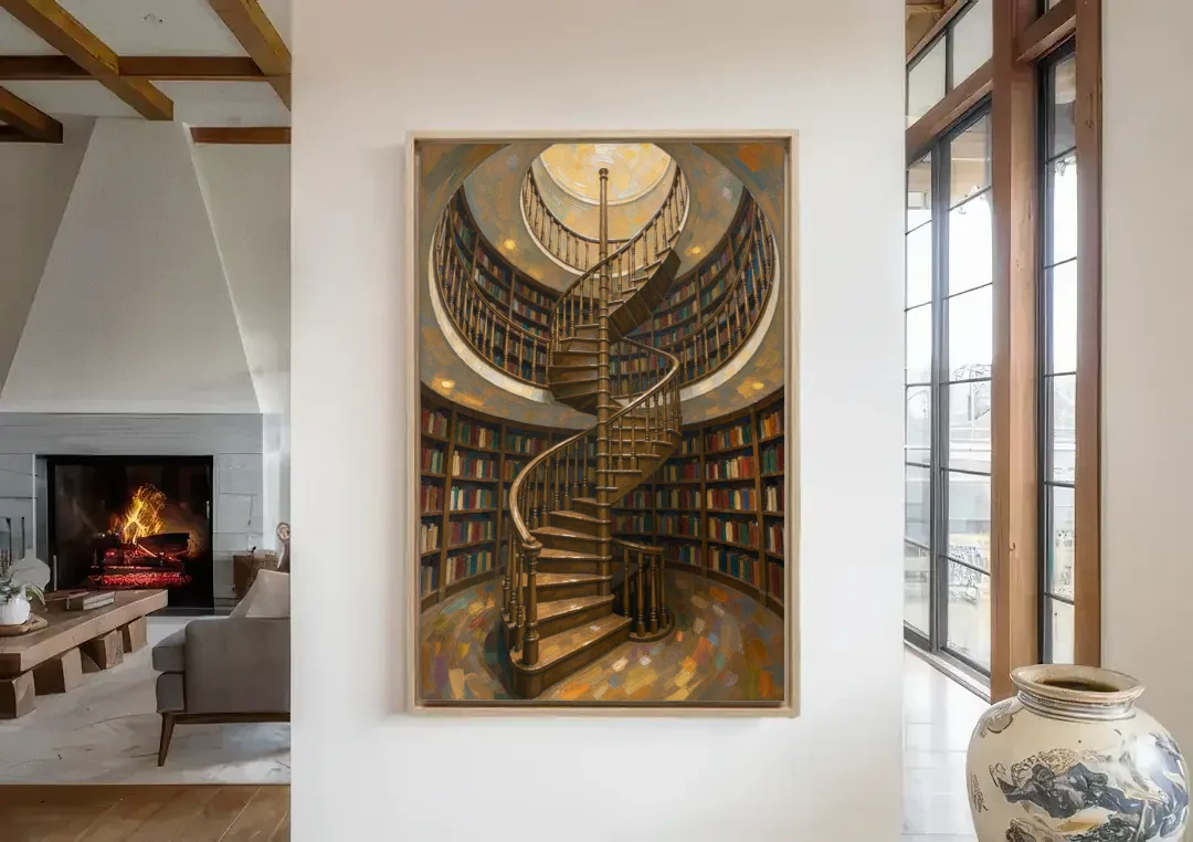 Literary Wall Art Spiral Staircase in the Library canvas wall art in a living room with a fireplace