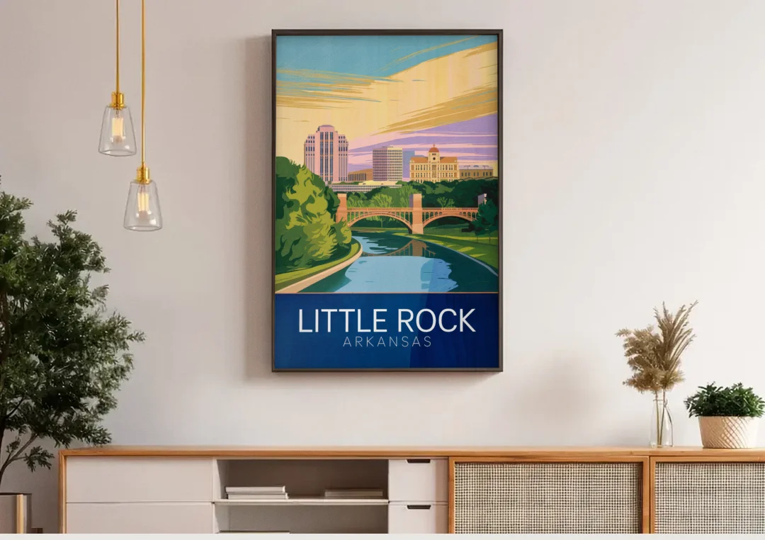 Little Rock Historic Landmarks canvas wall art above a wooden sideboard under pendant lights