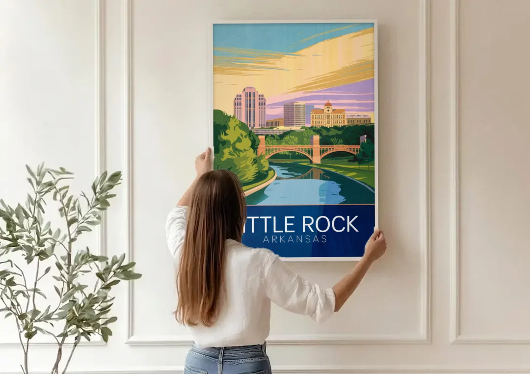 Little Rock Historic Landmarks canvas wall art being hung on a paneled wall
