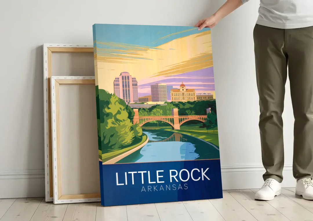 Little Rock Historic Landmarks canvas wall art leaning against a wall next to blank canvases