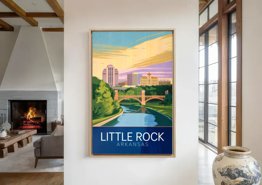 Little Rock Historic Landmarks canvas wall art in a living room with a fireplace