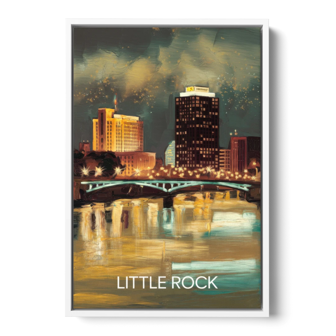 Little Rock Nighttime Skyline - White Framed Canvas Wall Art - Front