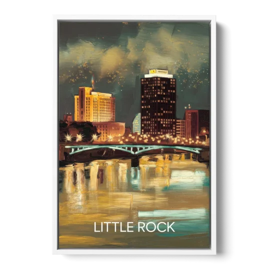 Little Rock Nighttime Skyline - White Framed Canvas Wall Art - Front